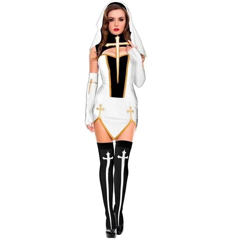 Costume da suora sexy della Vergine Maria, vestito cosplay per donne adulte con cappuccio nero per abiti da suora in costume da festa cosplay della sorella di Halloween