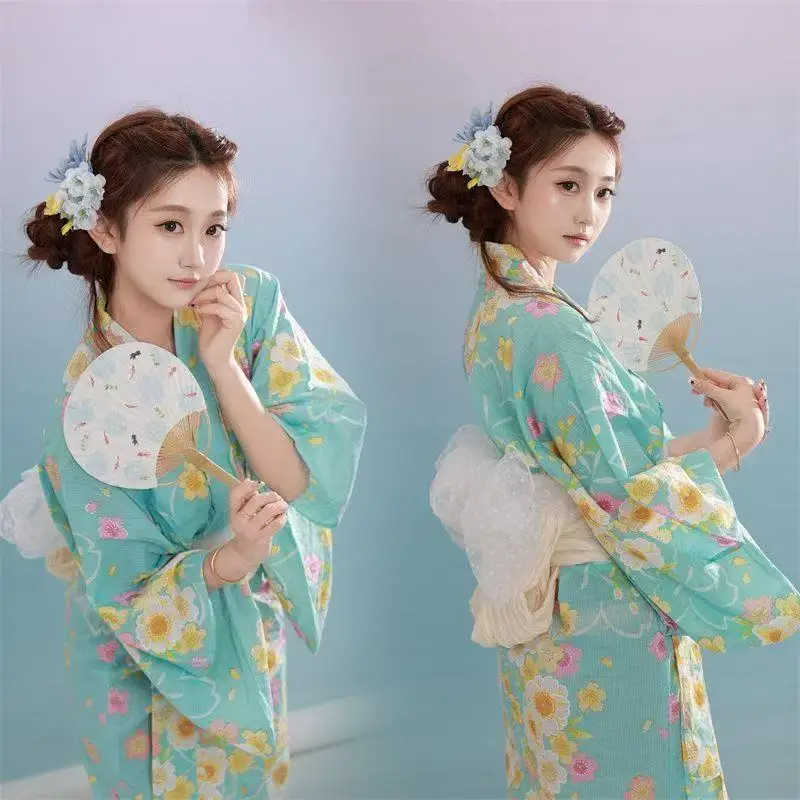 Japanese Style Kimono Women's Upgraded Travel Photography Yukata Cute Floral Printing Gown Suits Halloween Cosplay Costume Robe