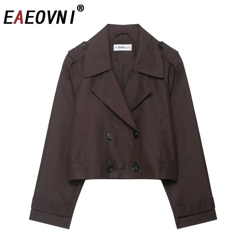

EAEOVNI Fashion Solid Color Short Jacket Women Lapel Collar Long Sleeve Button Streetwear Coat Outerwear 2026 Spring New