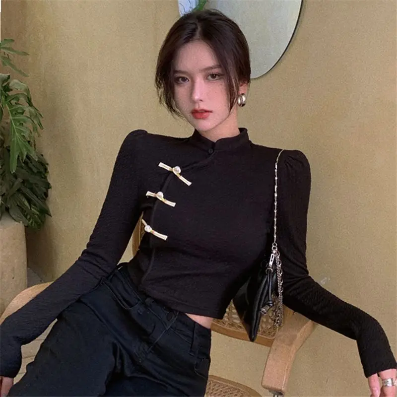 Chinese Style Y2k T-shirts Women Vintage Slim Crop Tops Elegant Ladies Long Sleeve Modern New Casual Streetwear Fashion Spring