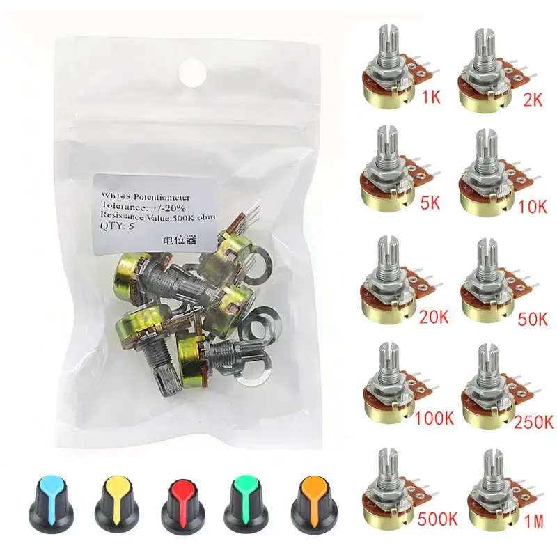 Potentiomètre linéaire simple avec boutons, WH148, 1K, 2K, 5K, 10K, 20K, 50K, 100K, 250K, 500K, 1m, lot de 5 pièces