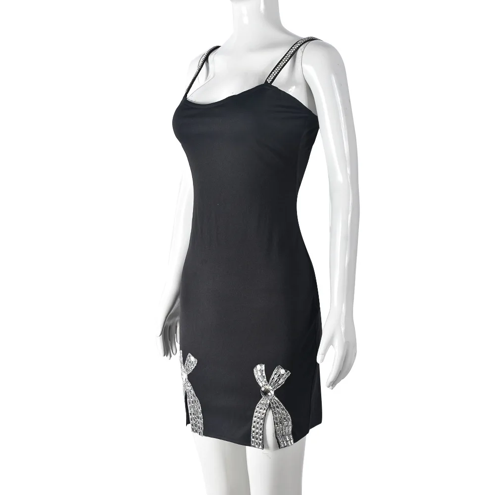 BKLD Black Dress 2024 Summer New Sleeveless Diamond Patchwork Open Back Spaghetti Strap Dress Clothes For Women Party Clubwear