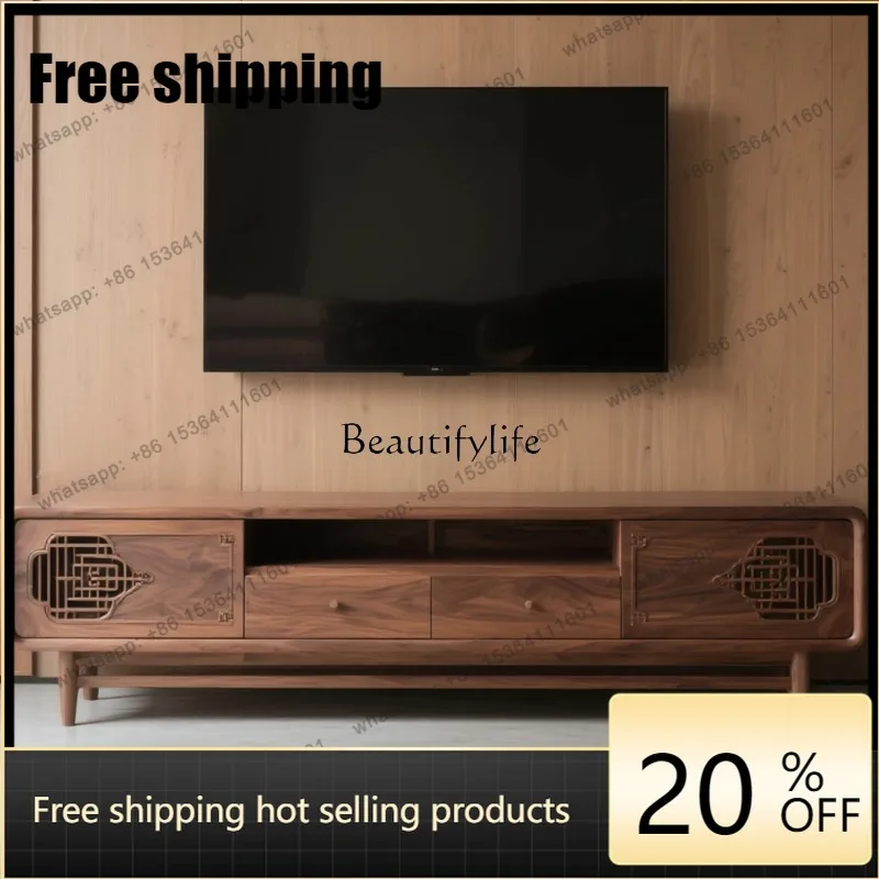 jj4 Best Seller Yj9 New Chinese Solid Wood TV Cabinet Living Room North American Walnut Modern Simple TV Cabinet