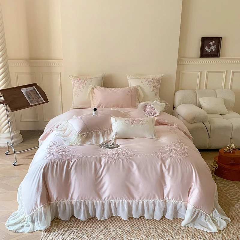 

4Pcs Queen Size Flowers Embroidery Bedding Set Duvet Cover Bed Sheet Pillowcases