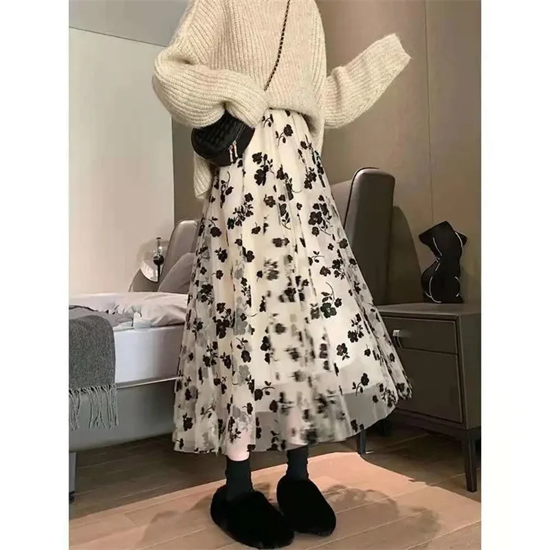 Elegant Floral Women Tulle Skirts High Waist Korean Flocking Pleated Midi Skirts Mesh Summer Office Ladies Skirt New
