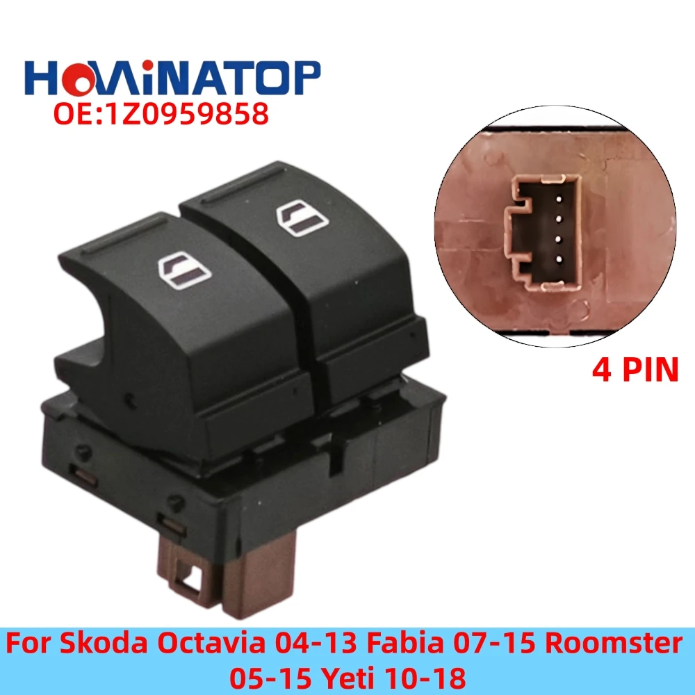 HOWINATOP 1Z0959858 4Pin Power Window Dual Switch For Skoda Octavia 04‑13 Fabia 07‑15 Roomster 05‑15 Yeti 10‑18 OEM Replacement