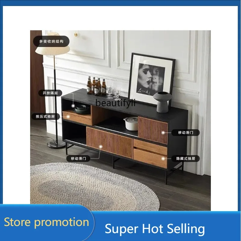 

C46 Nordic Modern Retro Color Matching Teak Color Solid Wood Sideboard Black Oak Tea Cupboard