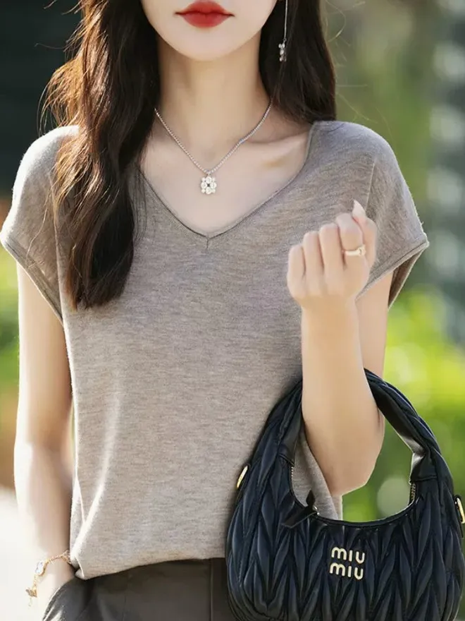 فضفاض محبوك ort Sve V-Ne تي شيرت المرأة الصيف رقيقة لفة أعلى مريحة للتنفس قسط Quali لباس غير رسمي