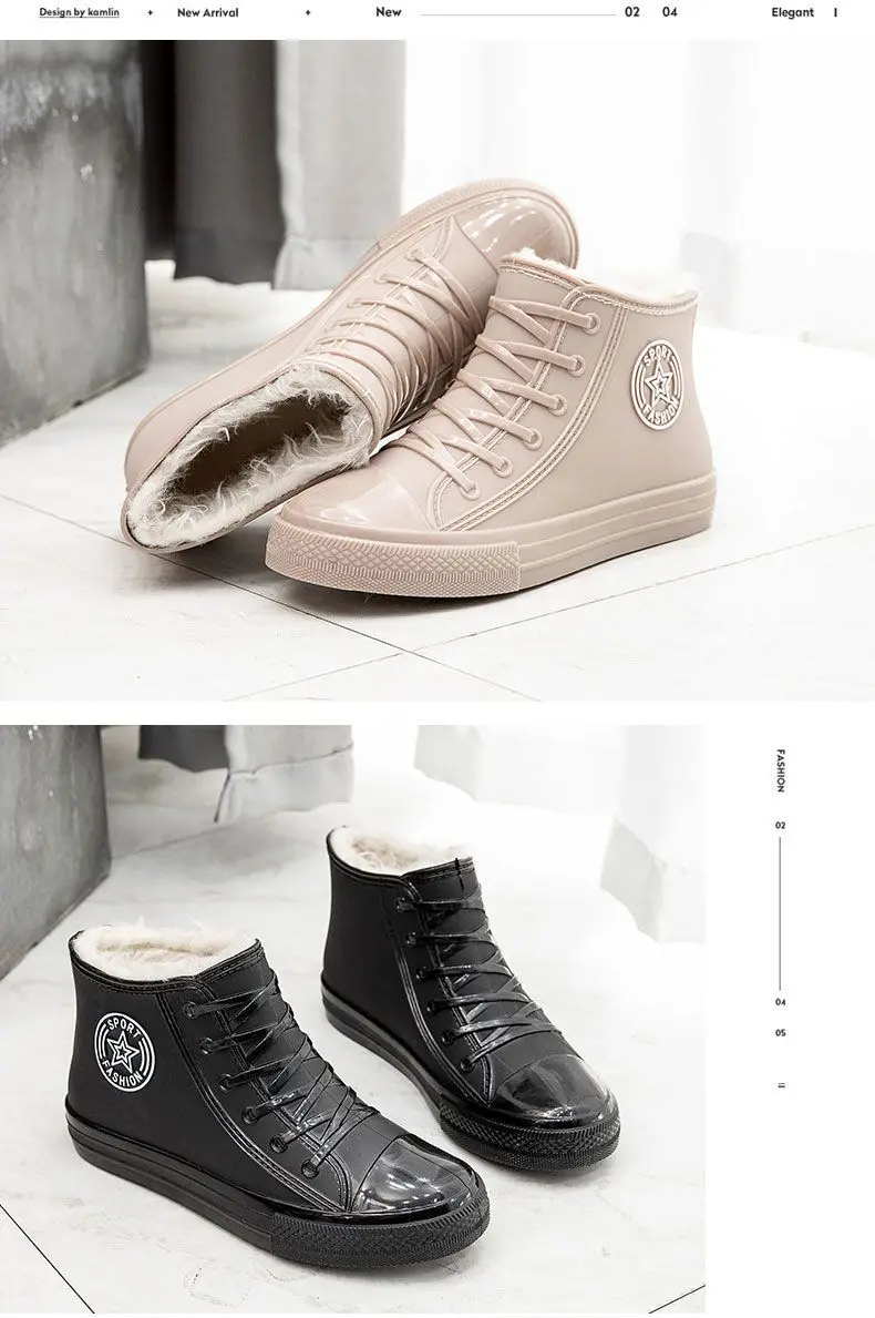 Stilvolle warme Damen-Regenschuhe mit Fell, wasserdichte Winterstiefel, Damen-Galoschen, modische Garten-Regenschuhe, Plüsch-Regenstiefel der Marke – Detail 16