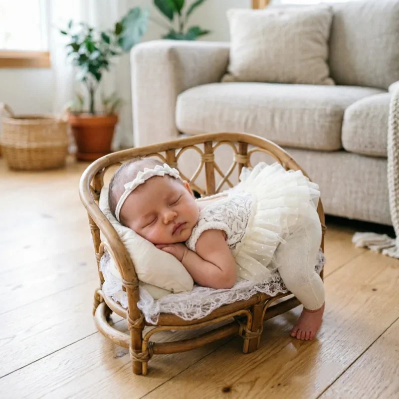 Natural Rattan Woven Pose Bed Shooting Prop Curved Frame Basket Container Indoor Portrait Photography Studio Layout Decor Prop