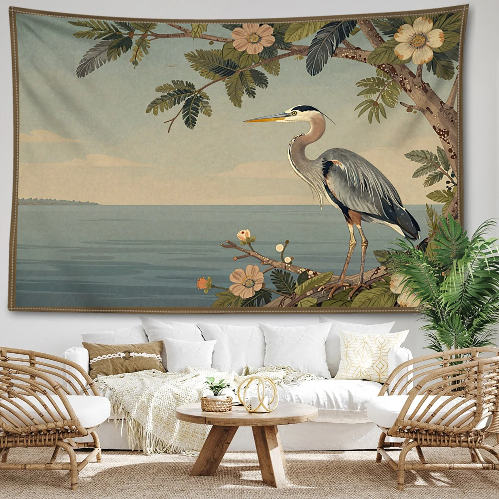 Blue Heron Coastal Blossom Tree Vintage Printed Tapestry Wall Hanging Bohemian Style Bedroom Home Decor
