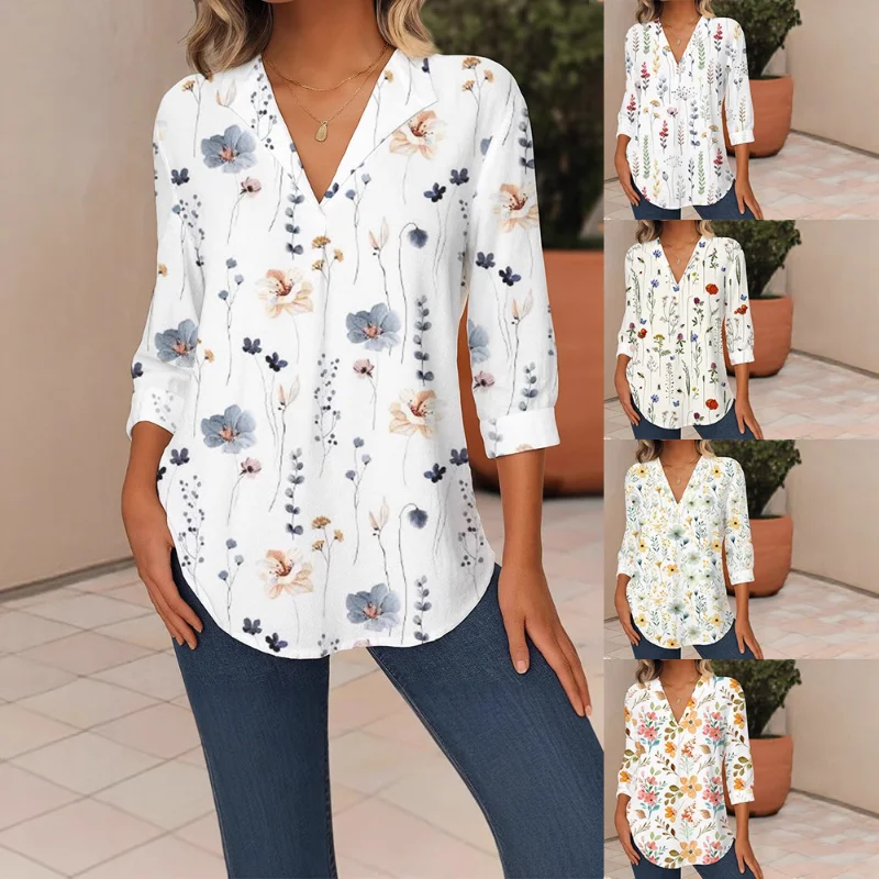 

2025 Новая женская повседневная футболка с длинными рукавами и лацканами, обычная футболка с цифровым принтом