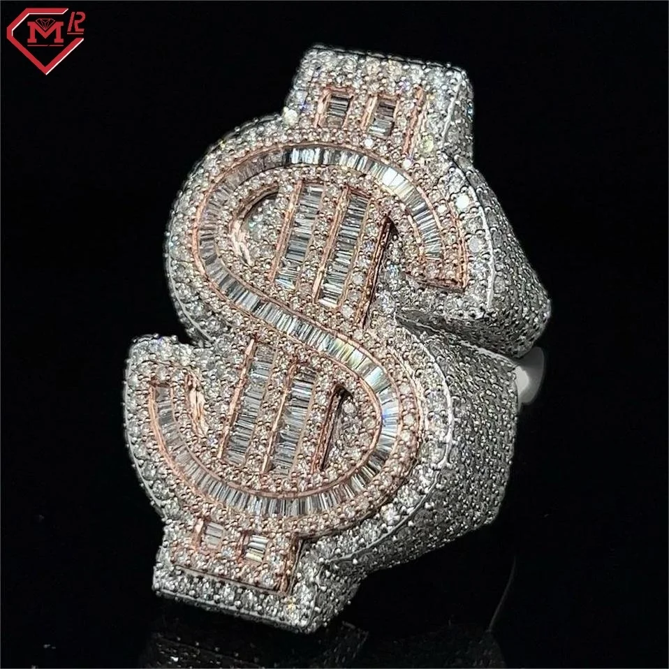 Hot Sale Custom Hip Hop Men Ring Money $ Be Rich Baguette Cut Gold Plated 925 Sterling Silver Vvs Moissanite Ring