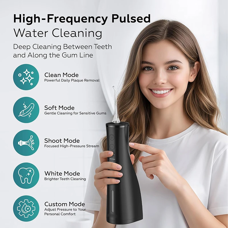 2026 New Product Cordless Rechargeable IPX7 Waterproof Oral Irrigator Water Flosser with 5 Modes 8 Jet Tips for Teeth