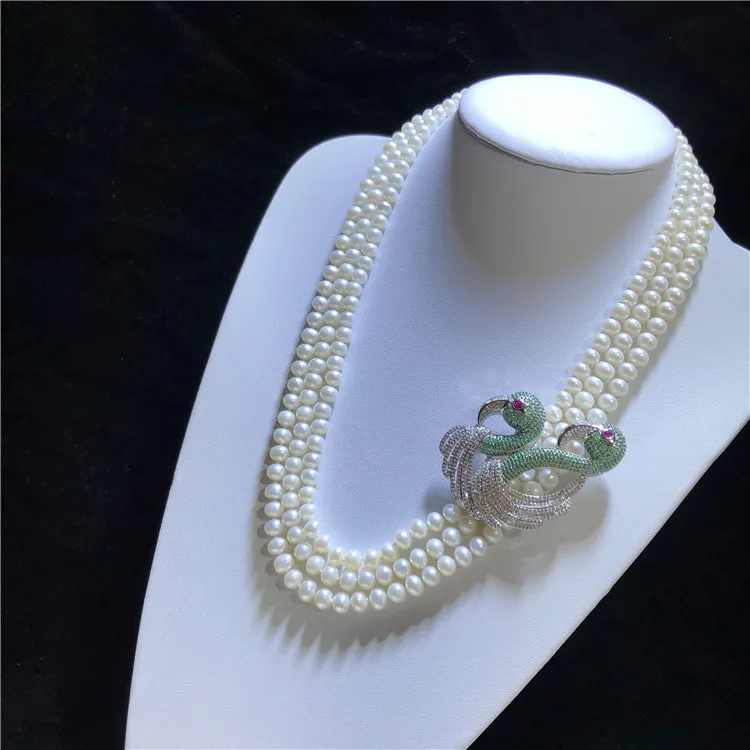 Hand knotted 3strands 7-8mm white freshwater cultured pearl micro inlay zircon accessories swan buckle flowersweater necklace l