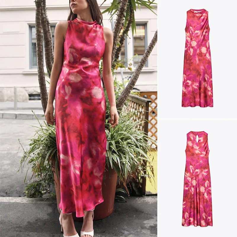 Gonna a trapezio a vita alta con colletto drappeggiato Svel Midi Dr con stampa in raso di seta da donna primavera estate nuovo arrivo