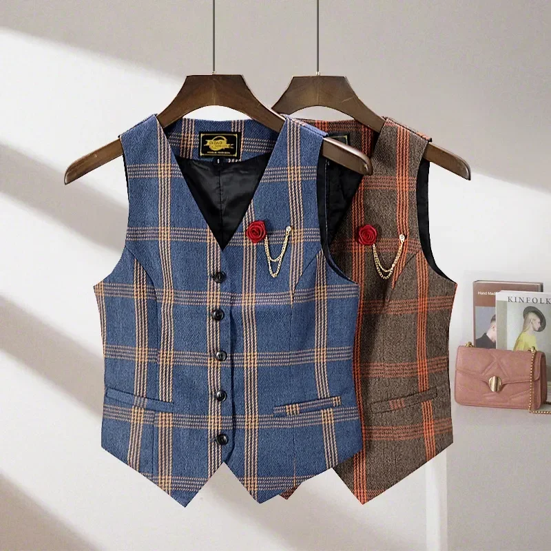 2024 Spring Autumn New Korean Women\'s Blue Grid Blazer Vest Coats High End Casual Waistcoat Female Sleeveless Short Jacket