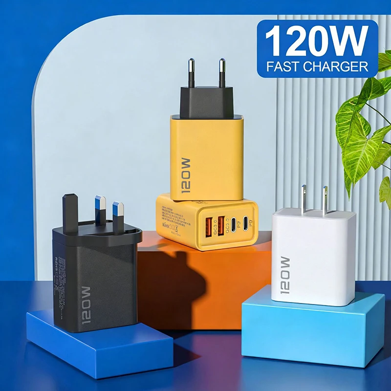 120W Fast Wall Charger Block 4 Ports Dual PD Type C Dual QC3.0 USB A Smart Temperature Control Power Adapter For iPhone 18 17 16