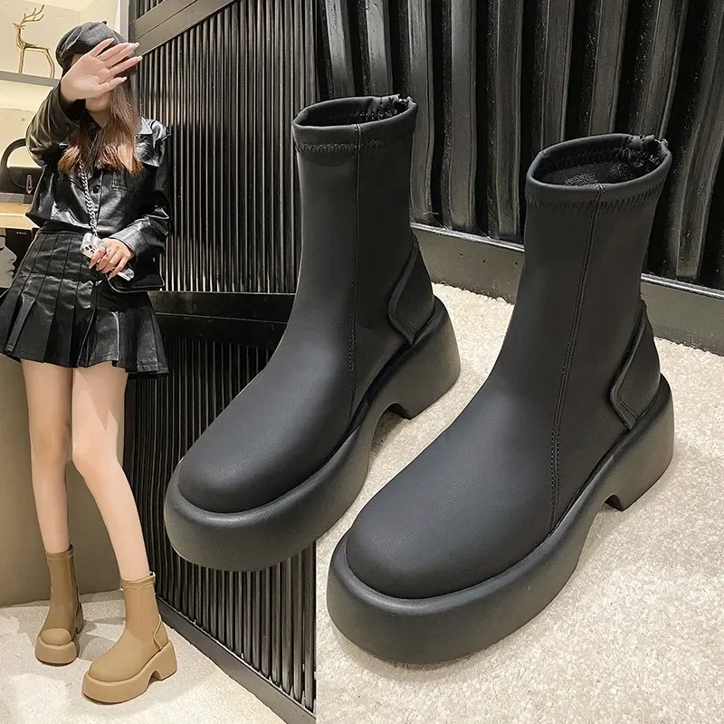 2023 Autumn Winter New Women Platform Ankle Boots Thick Sole Slip on Sock Boots Woman Elegant Chunky Chelsea Boots Women