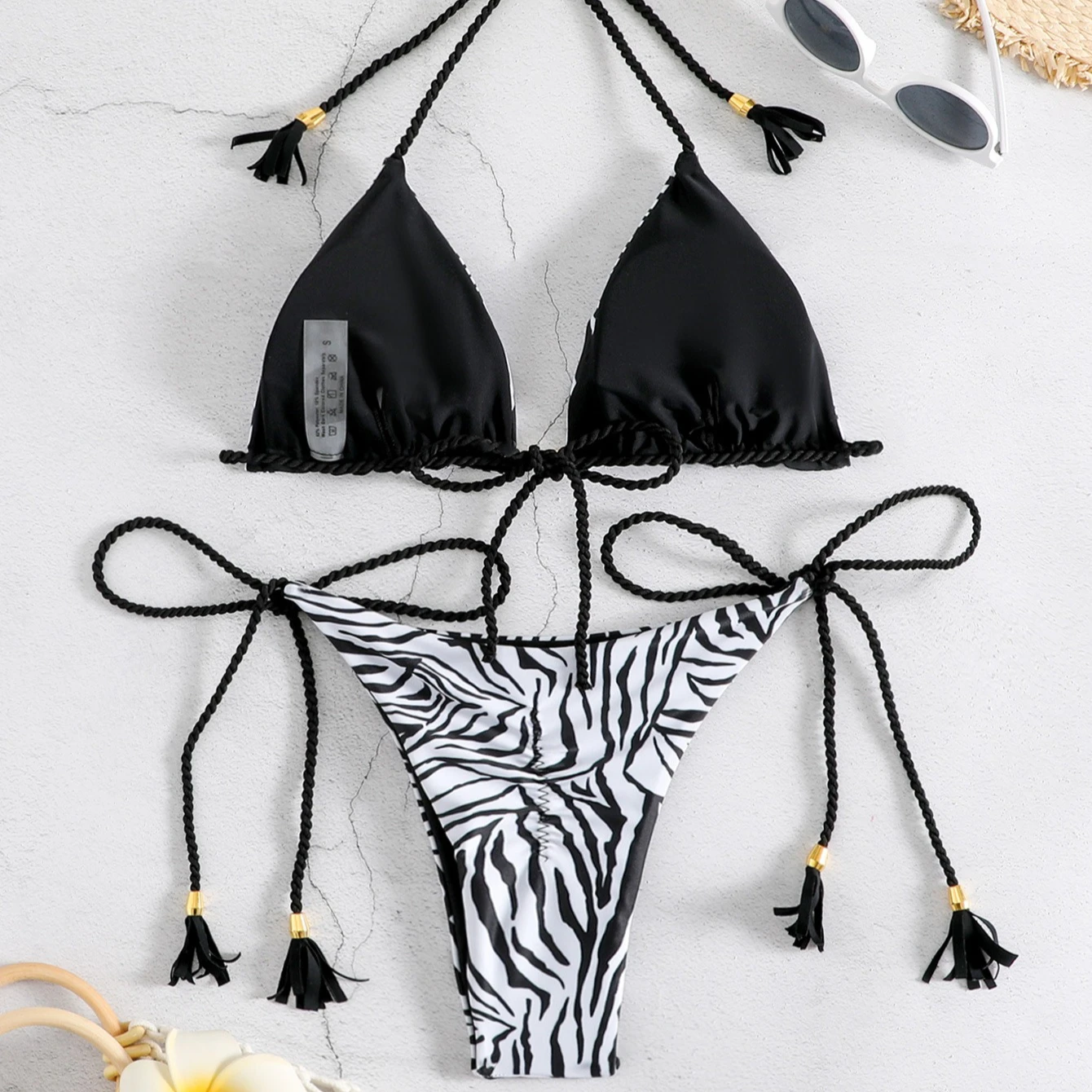 ชุดว่ายน้ำลายเสือดาวสำหรับผู้หญิง ชุดบิกินี่แบบผูกเชือก ชุดว่ายน้ำสองชิ้นทรงสามเหลี่ยม ชุดว่ายน้ำบราซิลเลียนบิกินี่สำหรับผู้หญิง