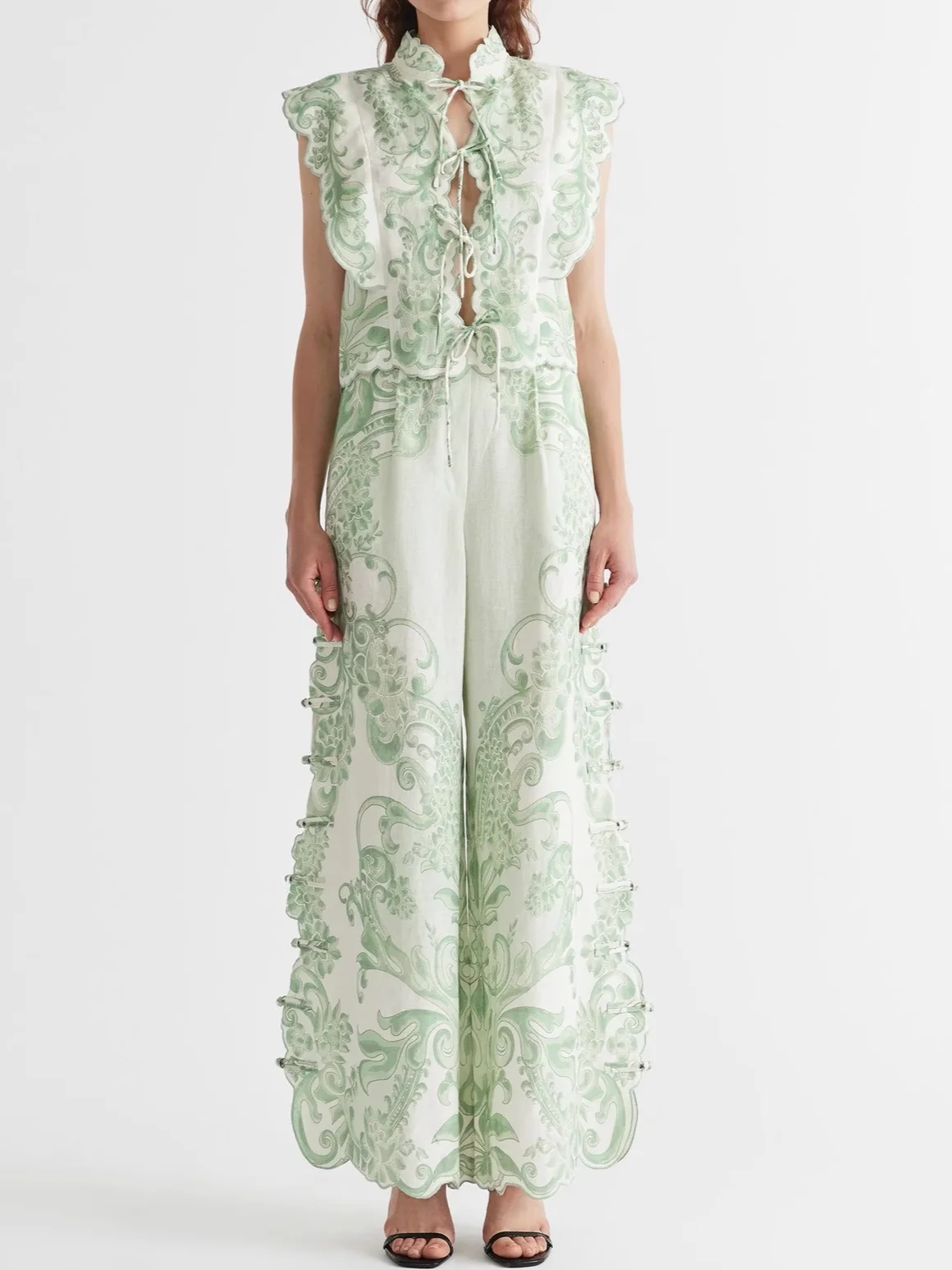 

100% Linen Women Flower Embroidery Set Lace-up Stand Collar Sleeveless Vest + High Waist Wide Leg Pants Vintage Fashion Suits