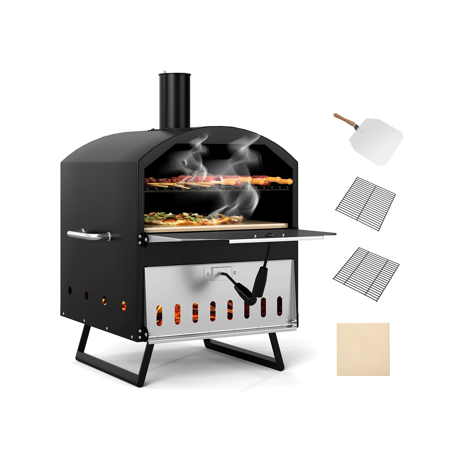 Holzbefeuerter Pizzaofen für den Außenbereich, 2-stöckiger Pizzamaker mit quadratischem Stein, Pizzaschieber, Grillrost & Abdeckung, tragbarer Brennofen