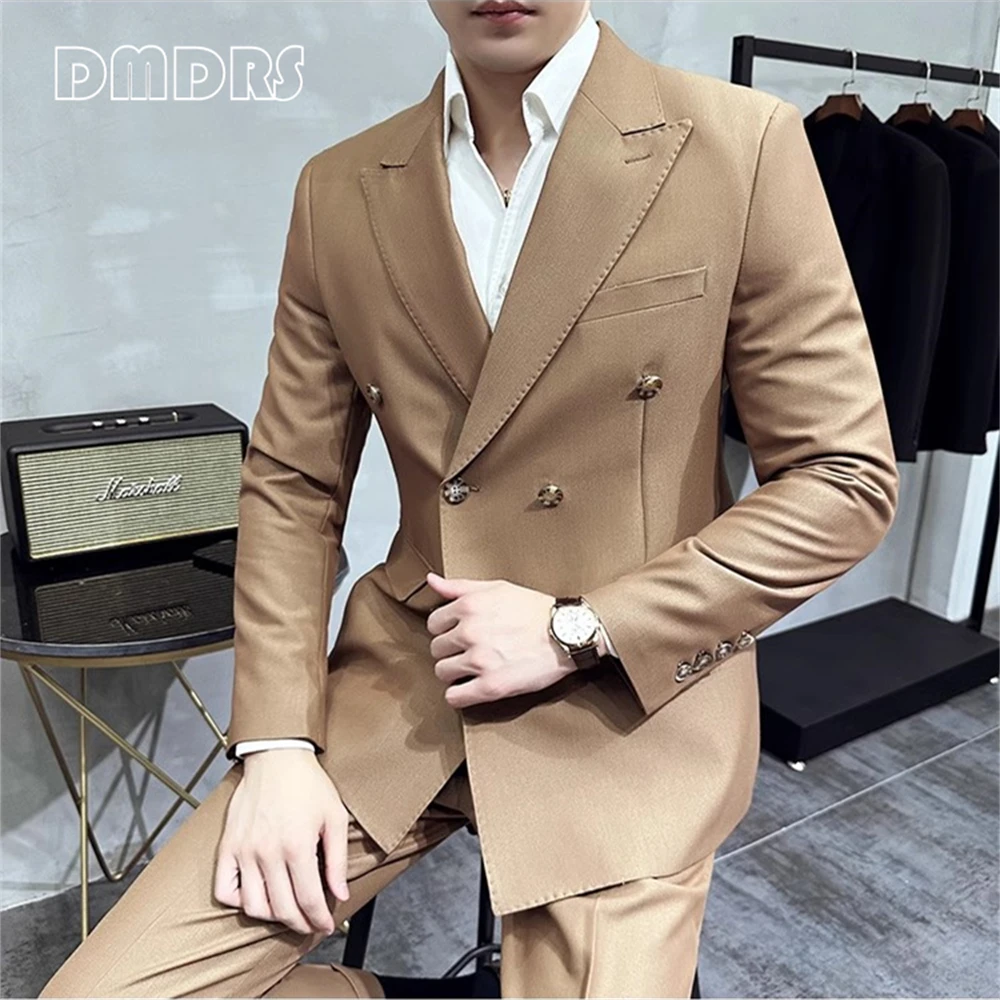 Peak Lapel Solid Suit Set for Men, M-3XL Business Men's Double Breasted Suit Set, Blazer Pants, High Quality Real Images