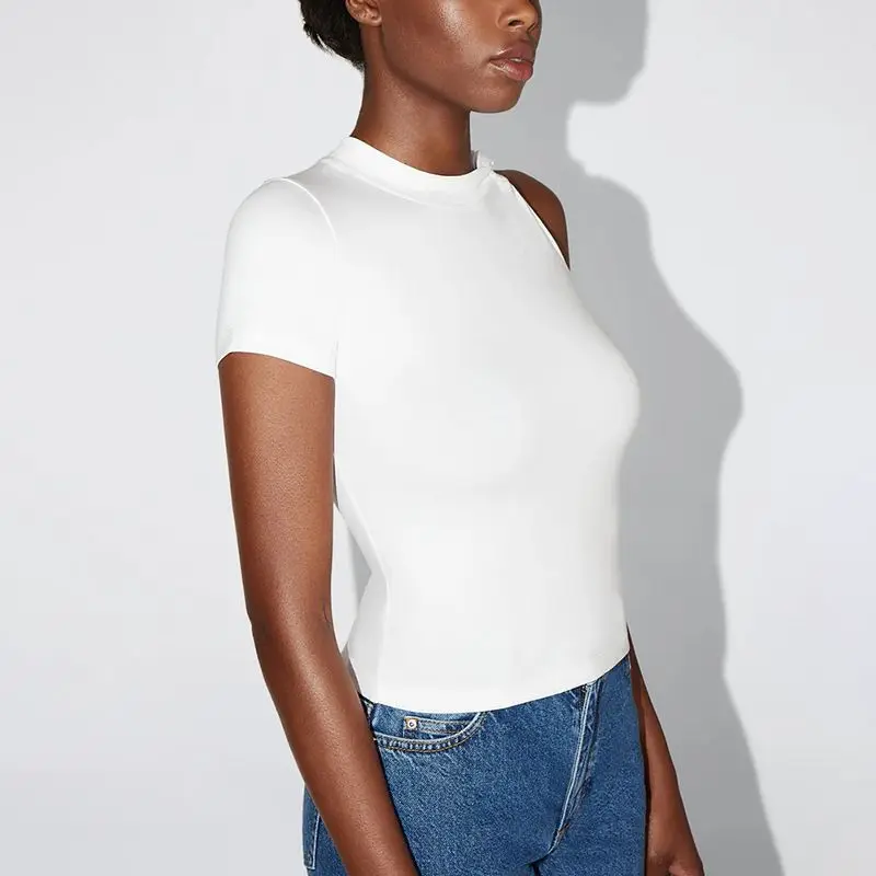 Fashionable Minimalist round Neck Overhead Asymmetric Design Tshirt Women Top Ins Style Cross-Border European And American