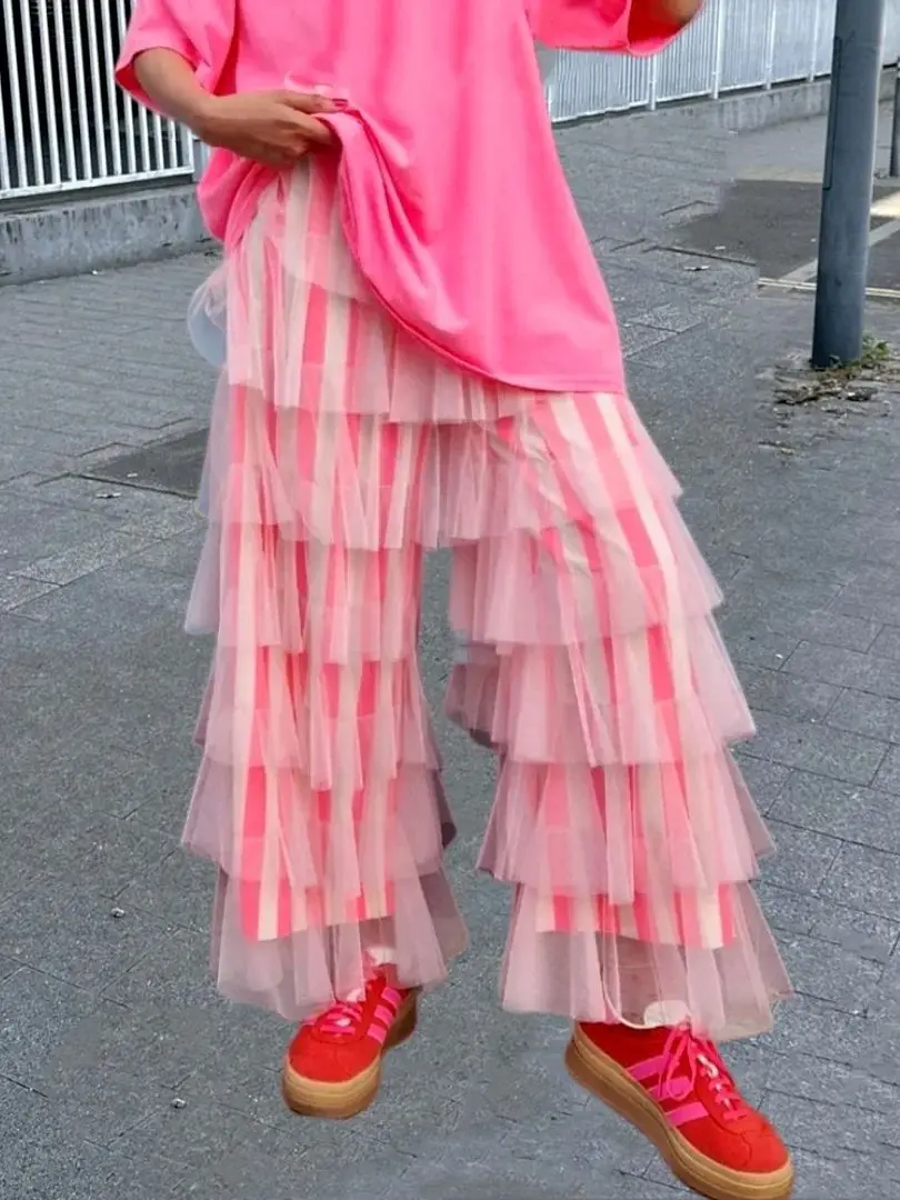 Women Chic Pants Casual Layered Mesh Ruffles Stripe Print Elastic Trousers Y2K Aesthetic Chic Pant Streetwear