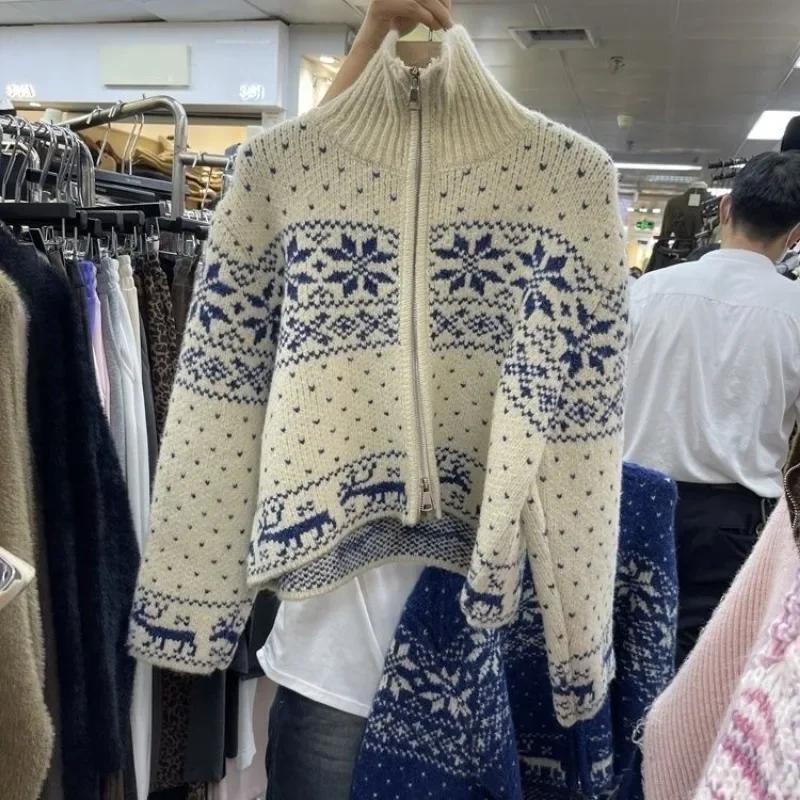 

Korean Print Zipper Knitted Cardigan Women 2024 Autumn Winter Sweet Loose Long Sleeve Sweater Coat Vintage Crop Tops