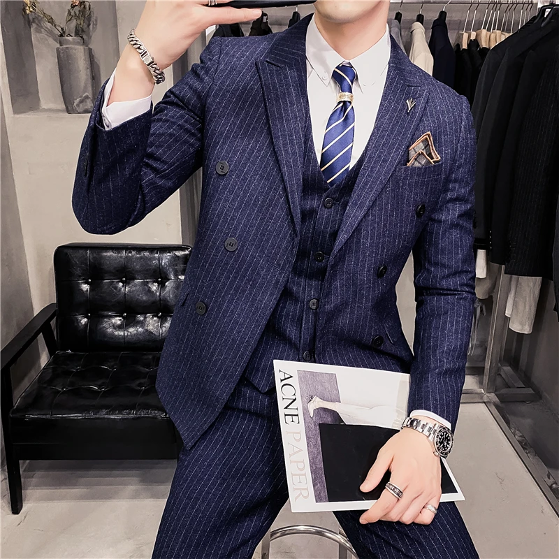 (Jacket+Vest+Pants) Men High Quality Double-Breasted Suits/Male Slim Fit Business Blazers/Man Cotton Groom\'s wedding Dress S-3XL