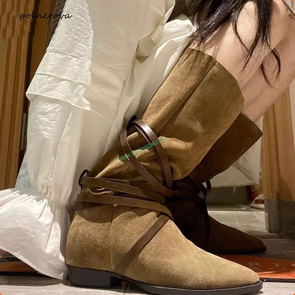 

Newest Retro Suede Mid-Calf Boots Belt Strap Chunky Heel Boots Fashion Runway Perty Shoes for Women 2023 Autumn Leisure Neutral