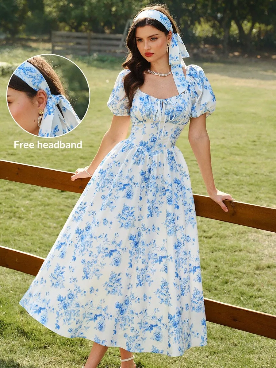 

Vintage Floral Print Womens Dress With Puff Sleeve Square Neck Bow Tie Casual Holiday Midi Dress