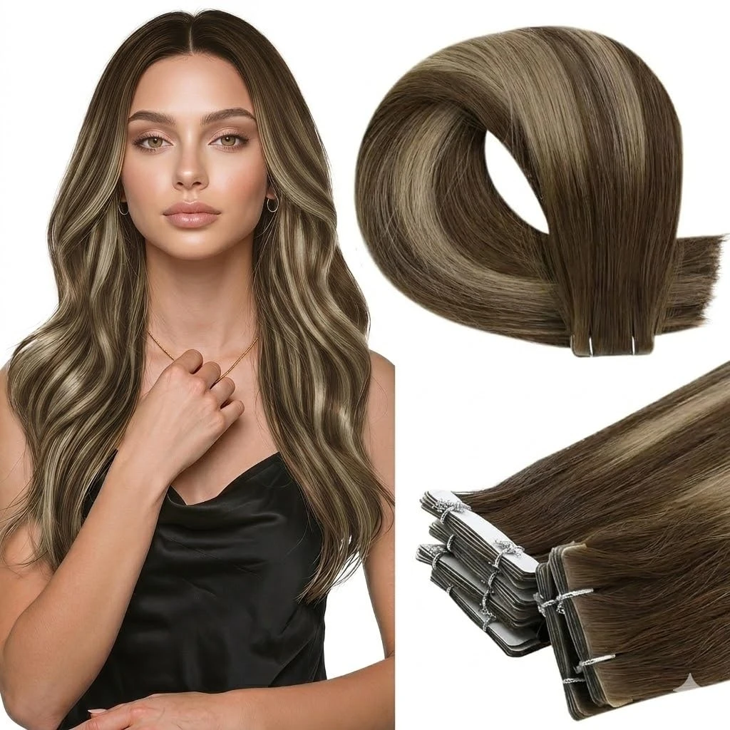 Full Shine Virgin Injection Tape Hair Extensions 20 Pcs Invisible Tape Injected in 100% Real Straight Hair for Women