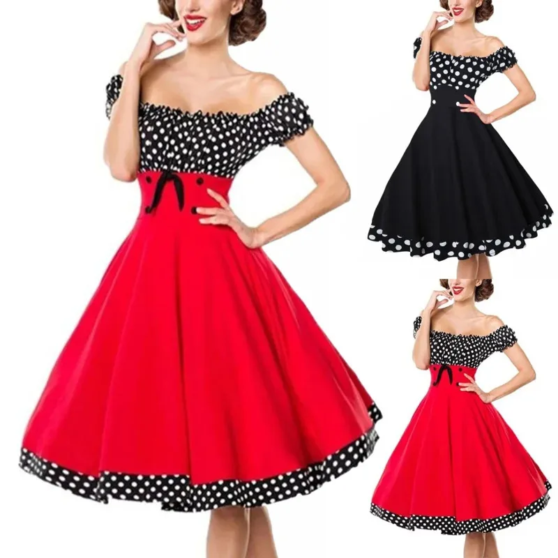 Elegant Polka Dot Patchwork Vintage Dresses Women Robe Hepburn Style Slash Neck Off the Shoulder Summer Party Prom Dress