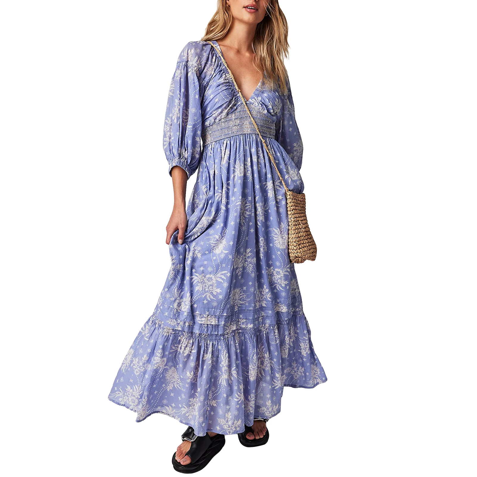 

Women Retro Floral Puff Long Sleeve Maxi Dress Deep V Neck Smocked Tiered Hem Long Dress Flowy Spring Autumn Dress