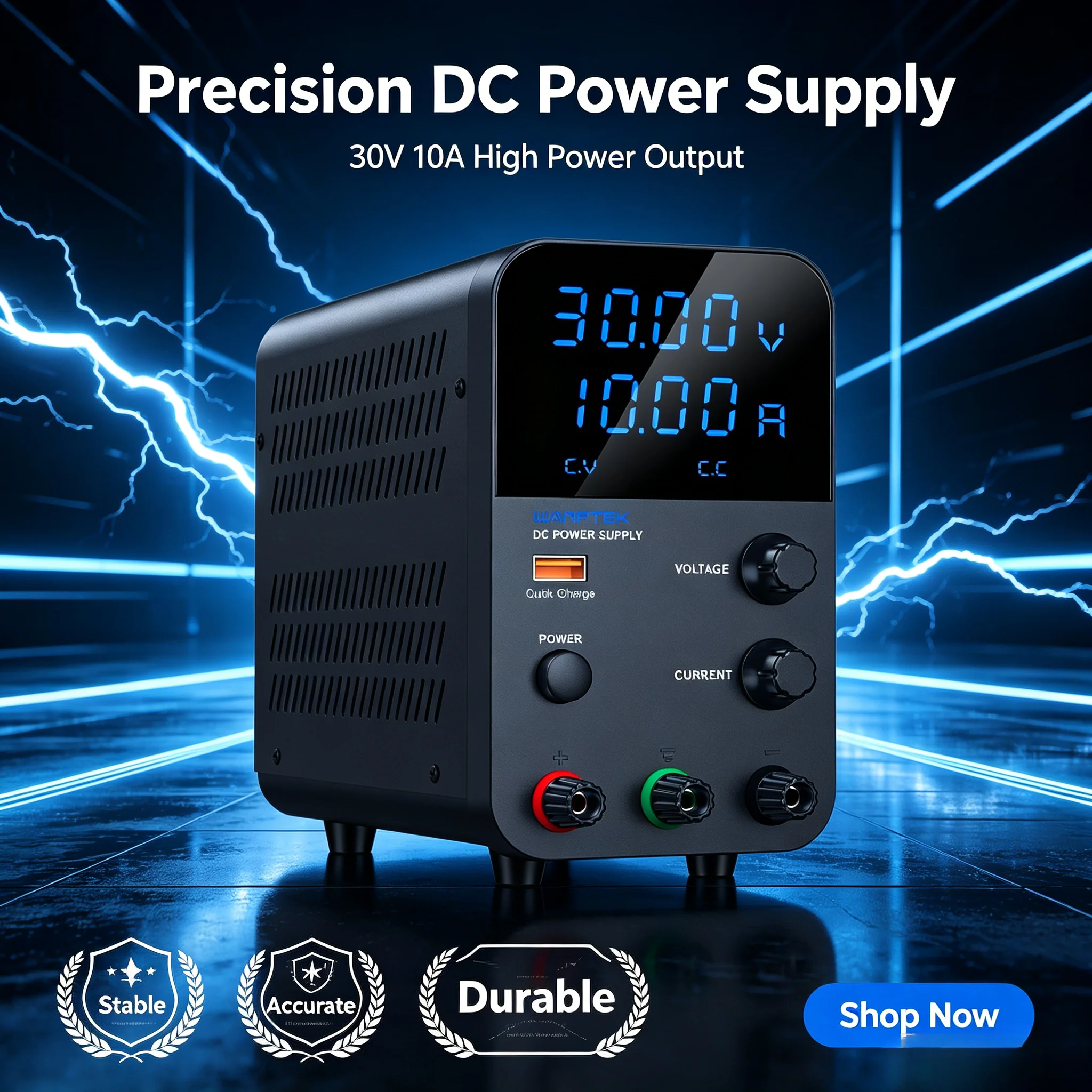 WANPTEK Adjustable DC Power Supply, Dual 4‑Digit Blue Display with USB Quick Charge for Repair, Battery Charging, Lab Teaching