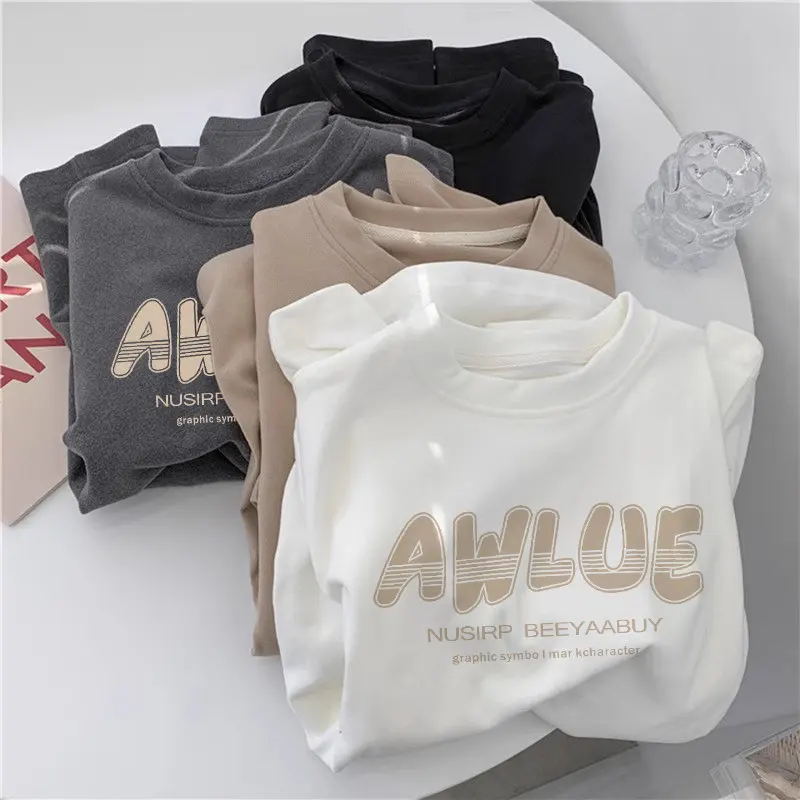 Women Long Sleeve Tshirt German Velvet Double Sided Inner Layer Loose Letter Top Base Autumn Winter