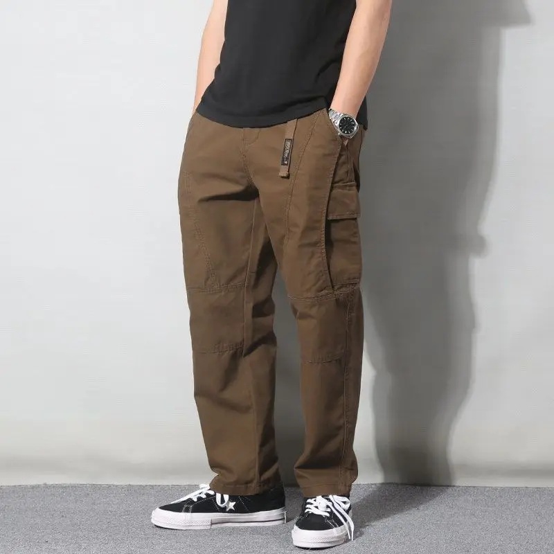 Spring Autumn Fashion Elastic Waist Drawstring Men's Clothing Loose Solid Trend Korean Pockets Straight Simplicity Cargo Pants