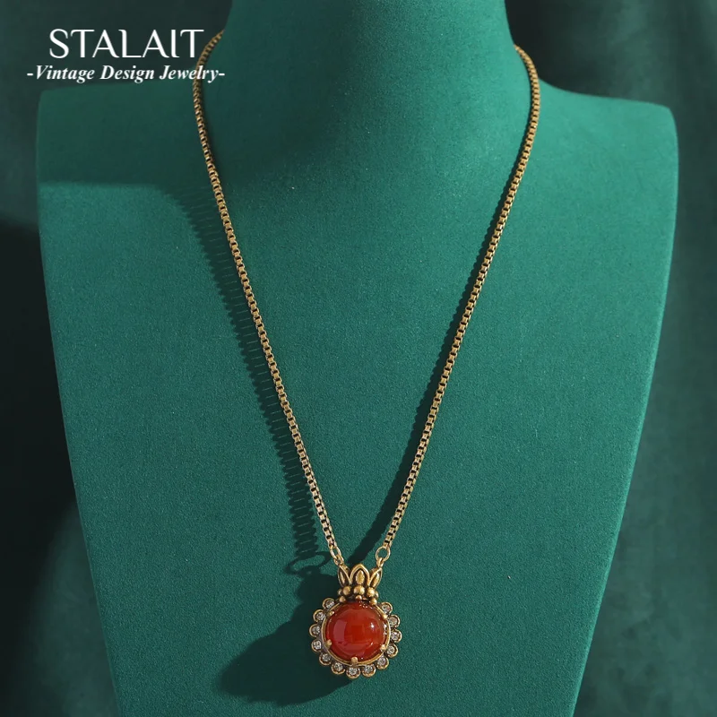 

Винтажные стразы, красный натуральный камень, круглый кулон, ожерелья, цепочка-коробка, золотой цвет, антикварные ювелирные аксессуары для женщин, новинка 2025