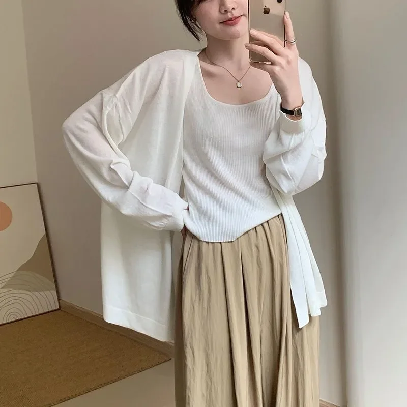 

Women's Beige Open Front Long Sleeve Knit Cardigan & White Square Neck Camisole Two-Piece Set