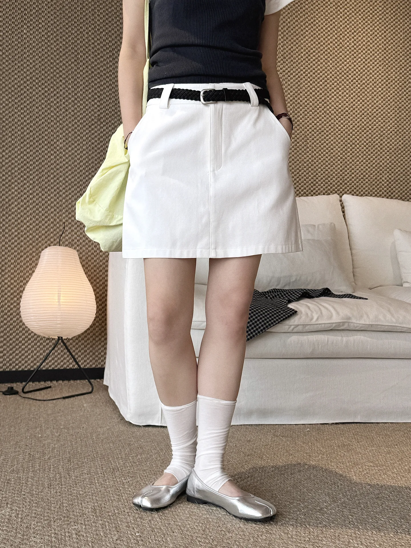 Summer New Korean Style Fashionable Belt Solid Color Slimming Half Skirt Loose Short Skirt for Women