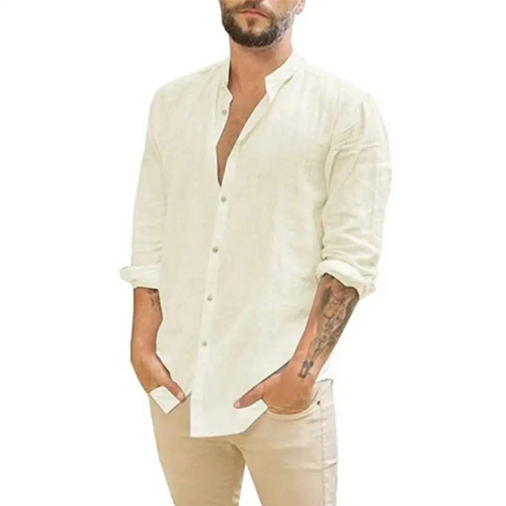 

Summer Men's White Cotton Linen irt ALOHA Stand Fit Long Sve Button Crt Water Wa Youth uar Sle Inner Wear
