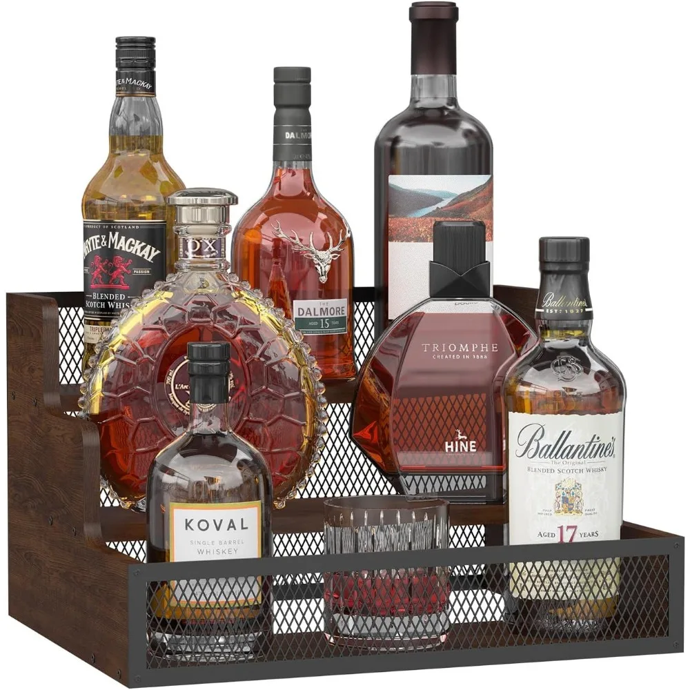 

3-tier coffee syrup rack organizer, rustic wooden bottle holder stand for liquor whiskey wine coffee bottle display with fences,