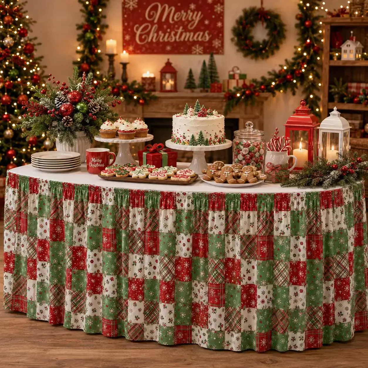 tableskirt 1 piece 2D flat printing, featuring a red and green Christmas checkered snowflake patchwork pattern