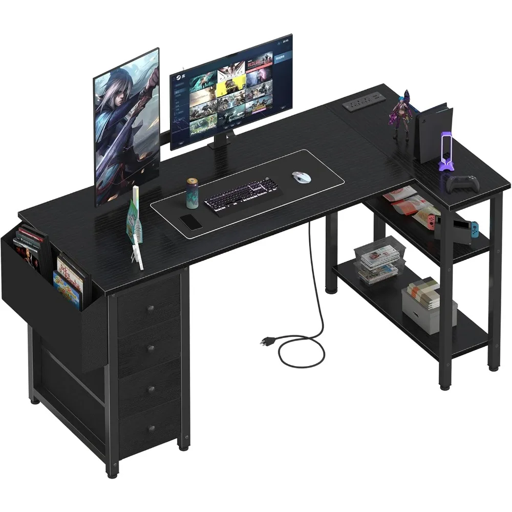 

L Shaped Gaming Desk with Drawers & Storage Shelves, 55 Inch Corner Computer Desk with Power Outlet for Home Office Bedr