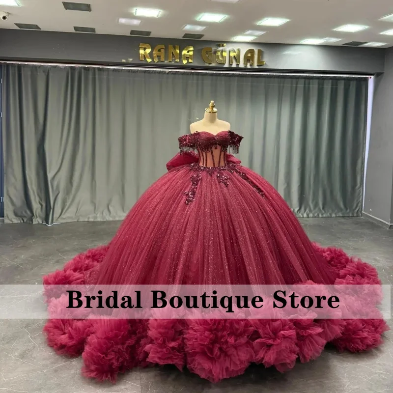 Customized Shiny wine red Quinceanera Dresses Off the Shoulder Lace layering applique Tull Long tail Vestido 15