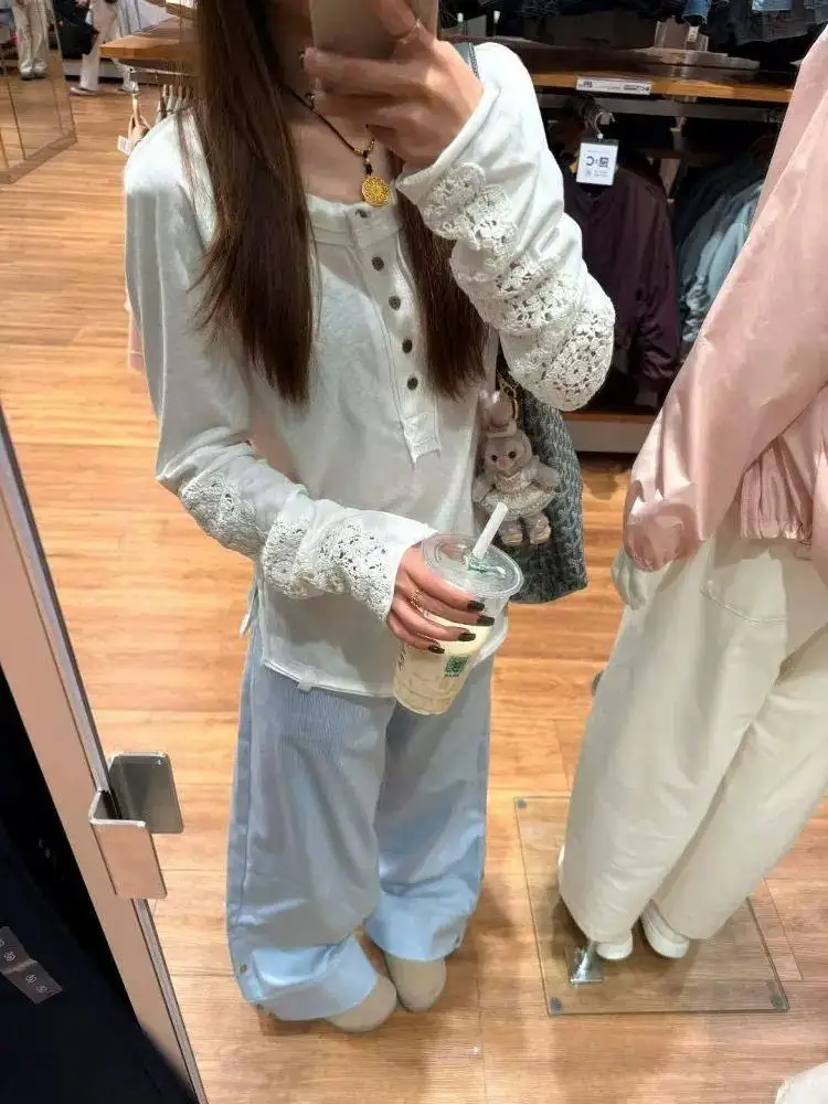 ホワイトレース中空刺繍ヘンリーカラーロングスリーブTシャツレディース冬新作UVカットカバーアップトップ