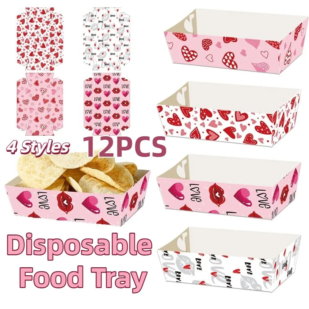 

12Pcs/Set Creative Disposable Paper Food Trays Paper Rectangular Valentine's Day Dinner Plate Boat-Shaped Trays Thickened