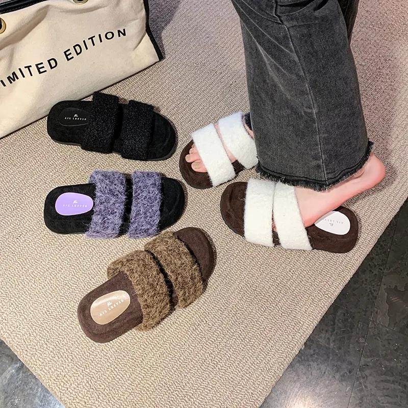 Fashionable and Versatile Woolen Slippers with Thick Soles, Women's Autumn and Winter 2024 New Commuting Woolen Slippers